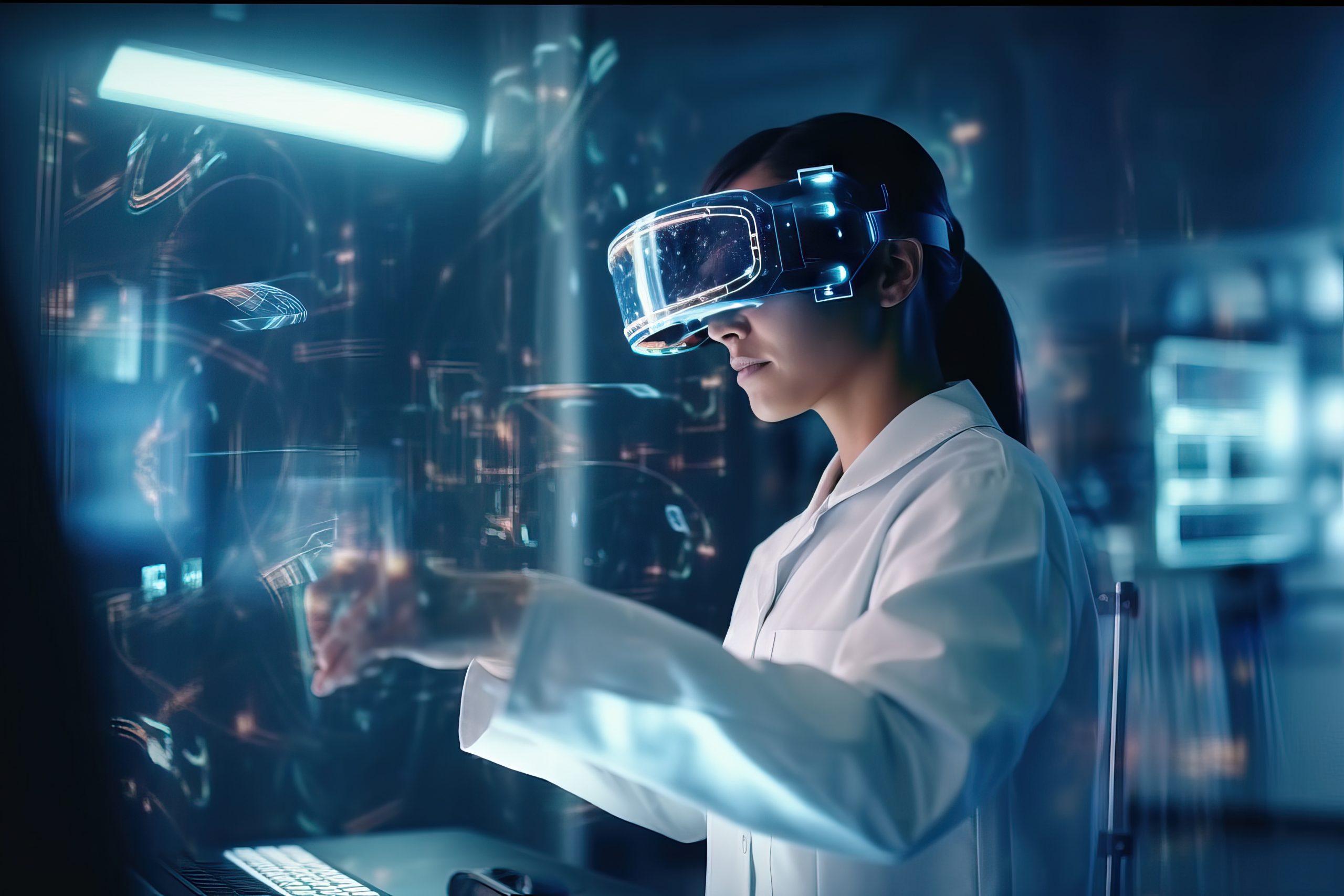 Virtual reality, overlay and science doctor in metaverse researching and working on futuristic 3d digital screen. Future, innovation and researcher in vr headset busy in a laboratory with medical ai. Generative AI